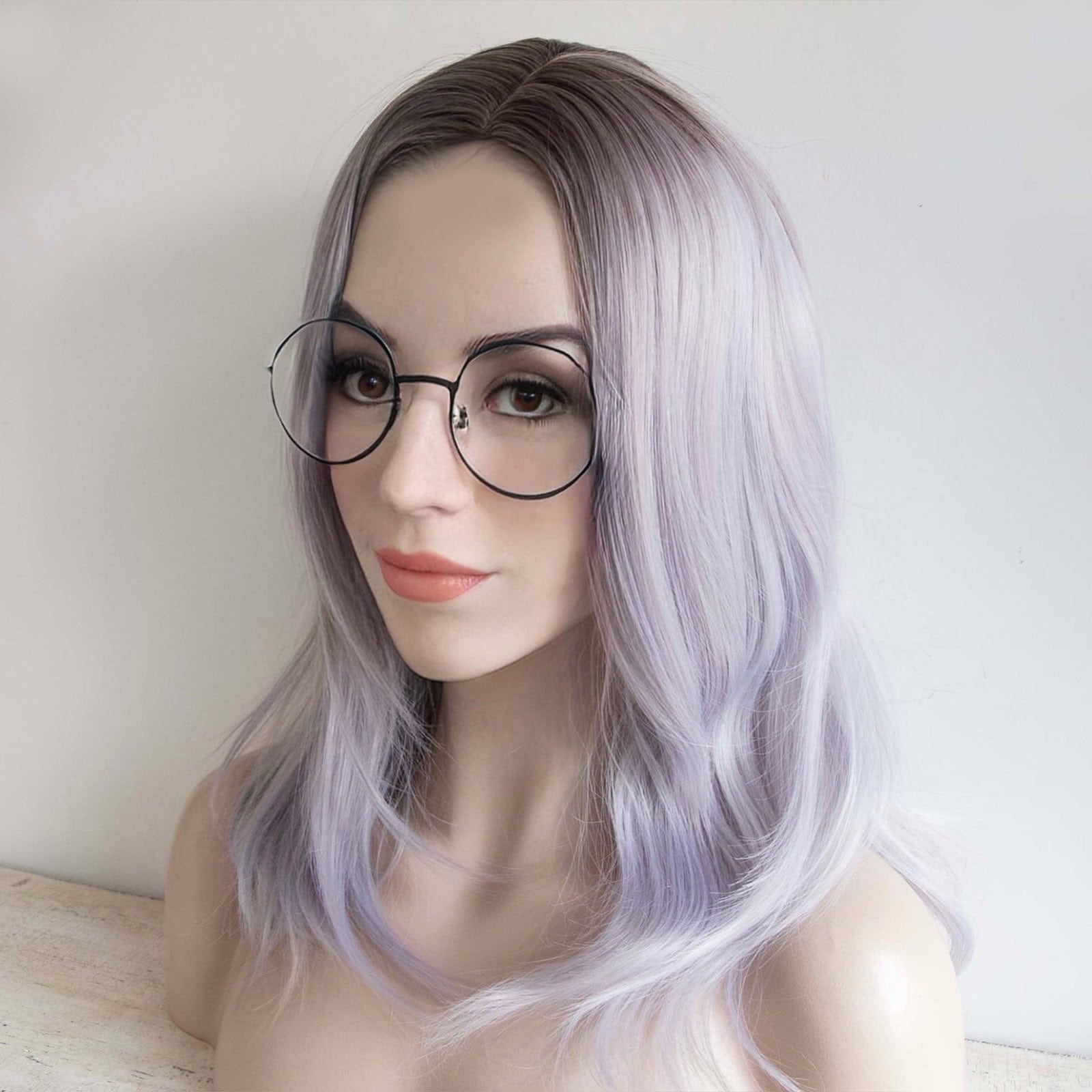 nevermindyrhead Women Silver Gray Light Purple Shades Ombre Dark Root Long Straight Hair Side Part Wig