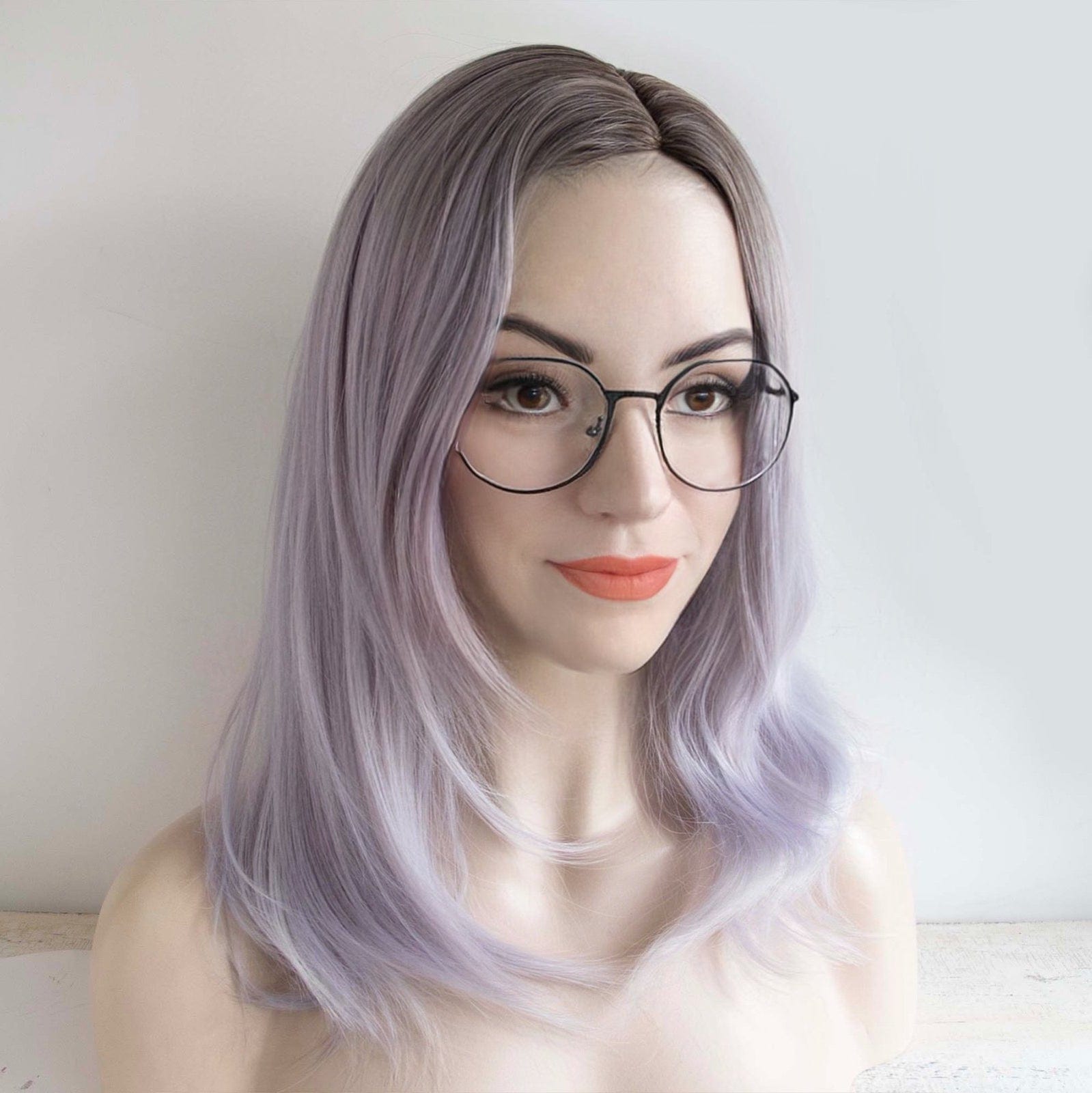 nevermindyrhead Women Silver Gray Light Purple Shades Ombre Dark Root Long Straight Hair Side Part Wig