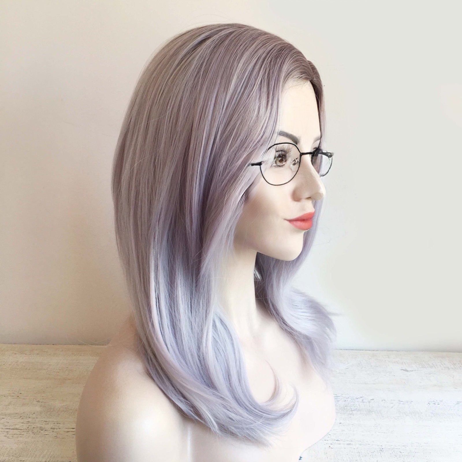 nevermindyrhead Women Silver Gray Light Purple Shades Ombre Dark Root Long Straight Hair Side Part Wig