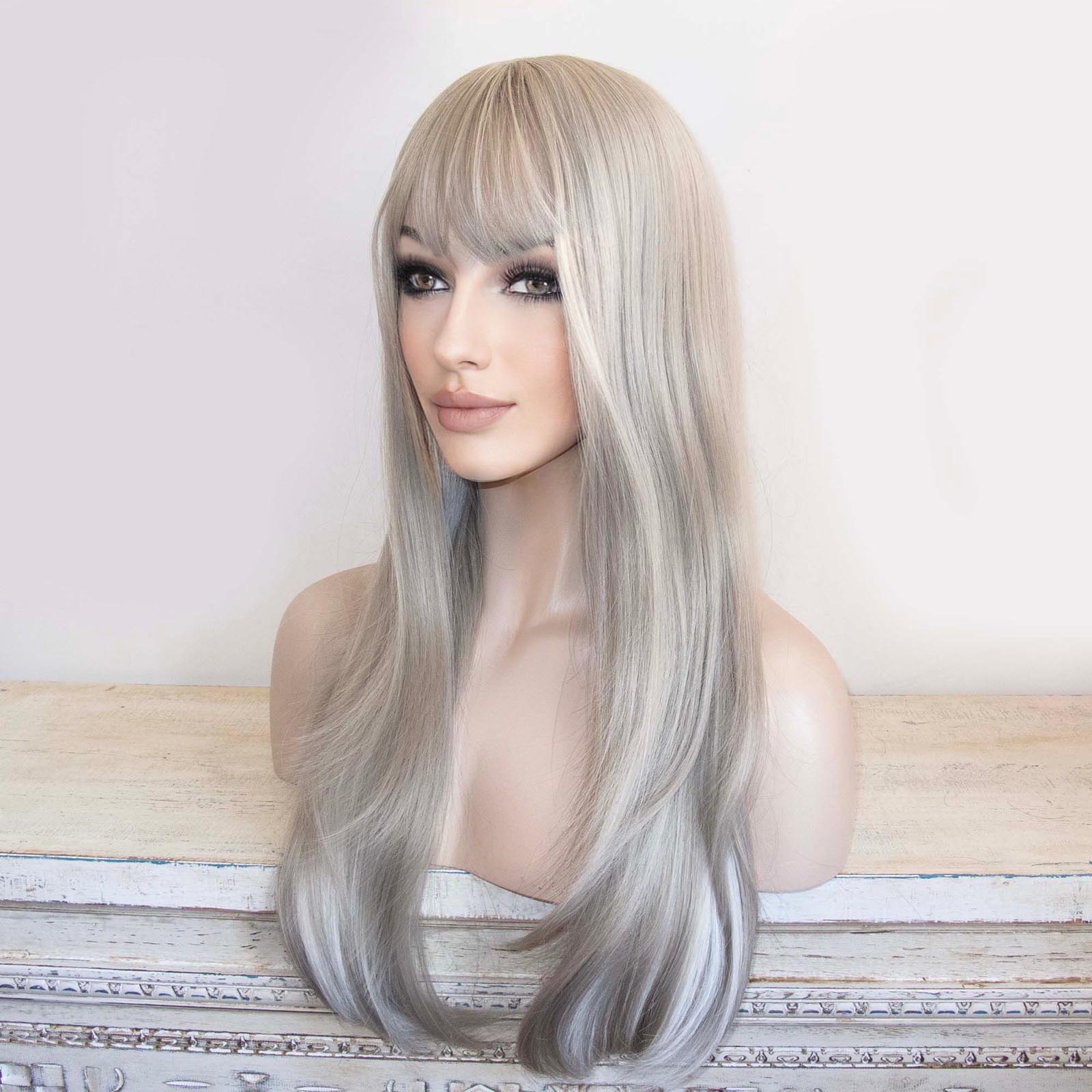 nevermindyrhead Women Silver Gray Long Straight Hair Fringe Bangs Wig With White Highlight