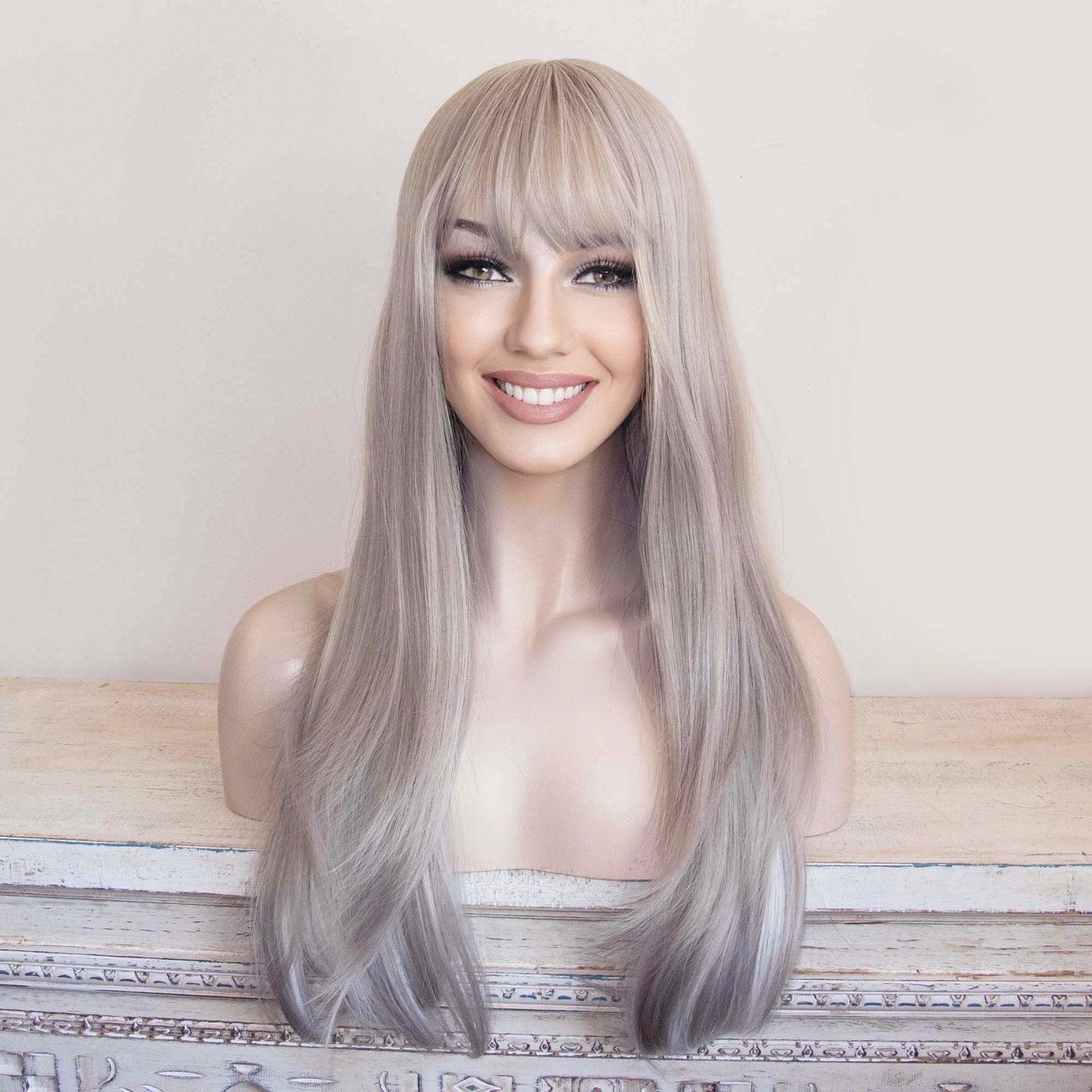 nevermindyrhead Women Silver Gray Long Straight Hair Fringe Bangs Wig With White Highlight