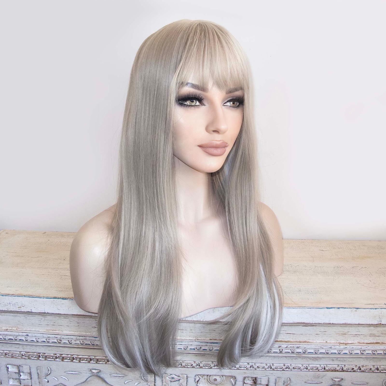 nevermindyrhead Women Silver Gray Long Straight Hair Fringe Bangs Wig With White Highlight