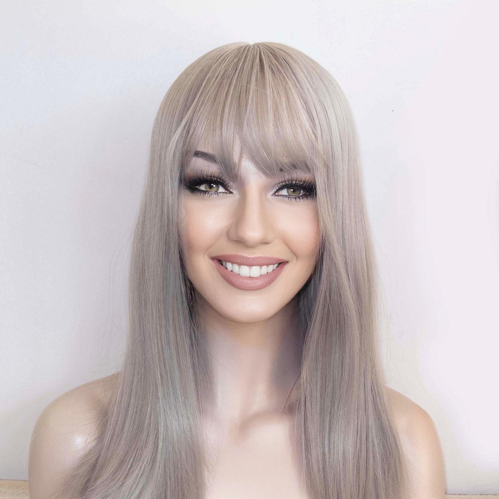 nevermindyrhead Women Silver Gray Long Straight Hair Fringe Bangs Wig With White Highlight