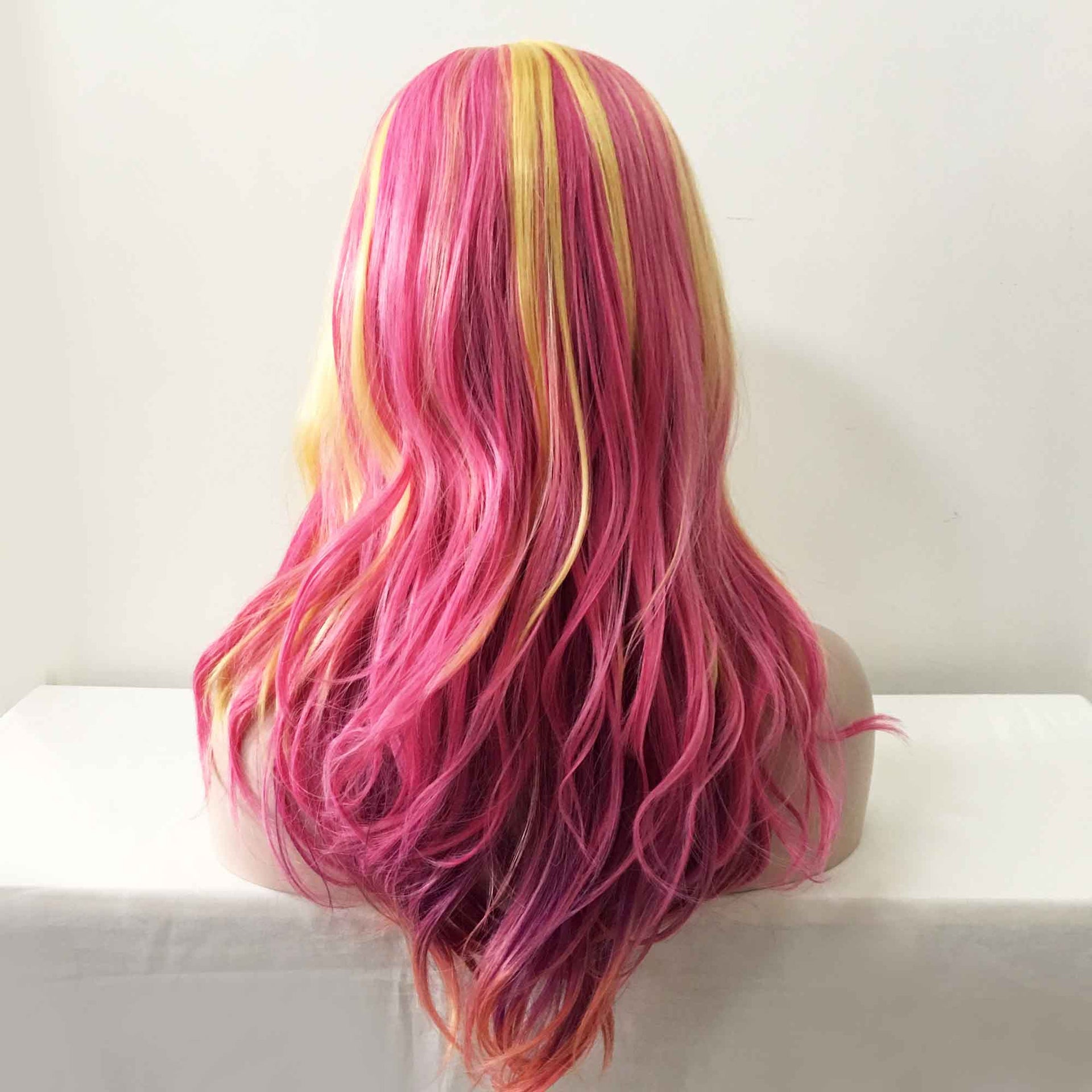 nevermindyrhead Women Two tone Yellow Pink Long Wavy Middle Part Wig