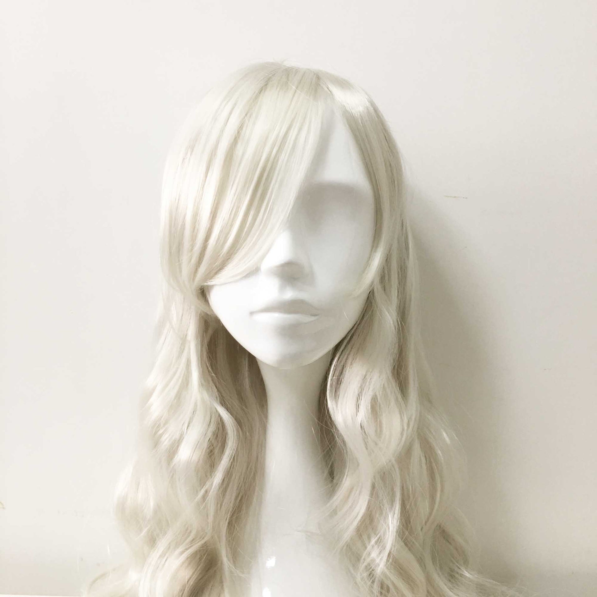 nevermindyrhead Women White Long Curly Side Swept Bangs Cosplay Wig