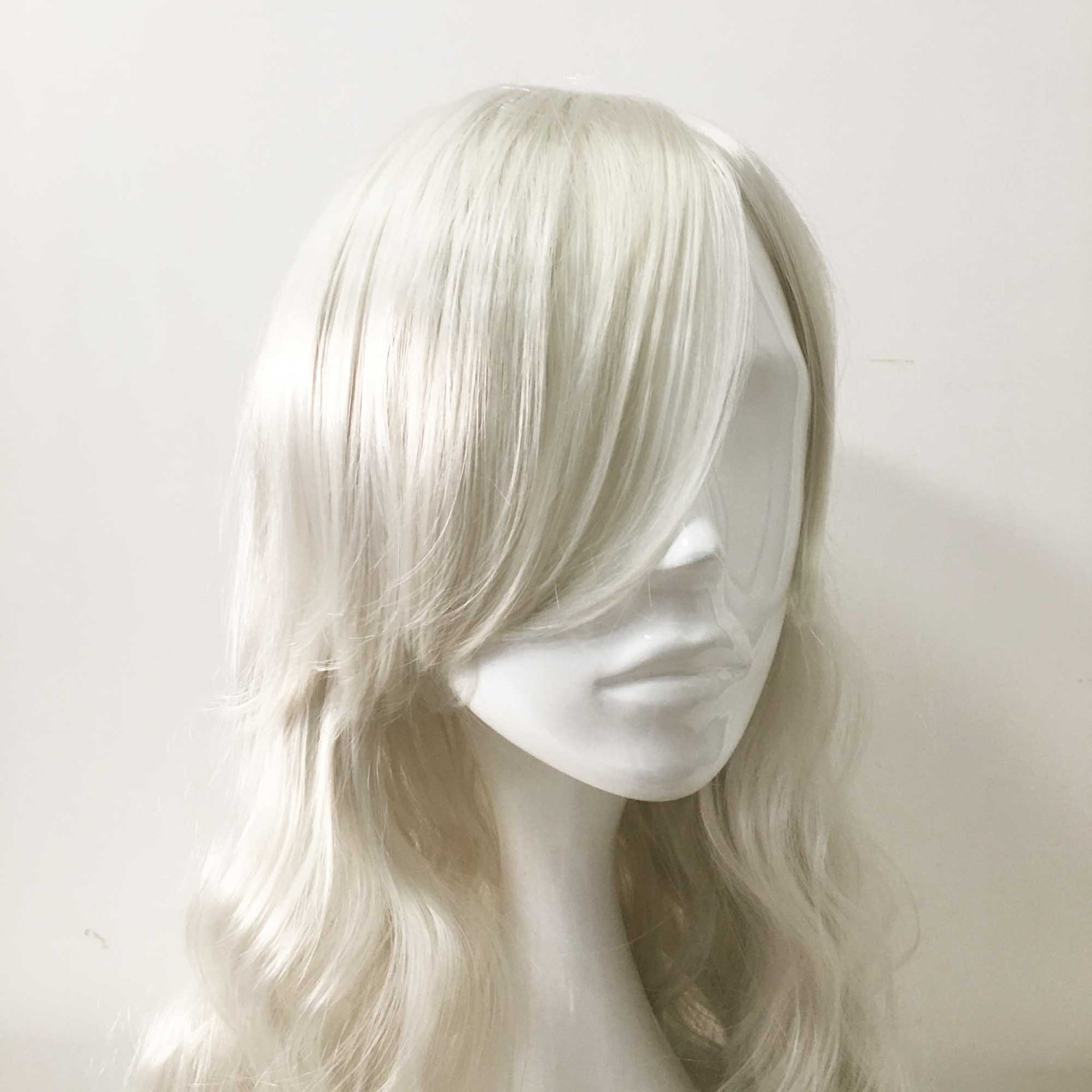 nevermindyrhead Women White Long Curly Side Swept Bangs Cosplay Wig