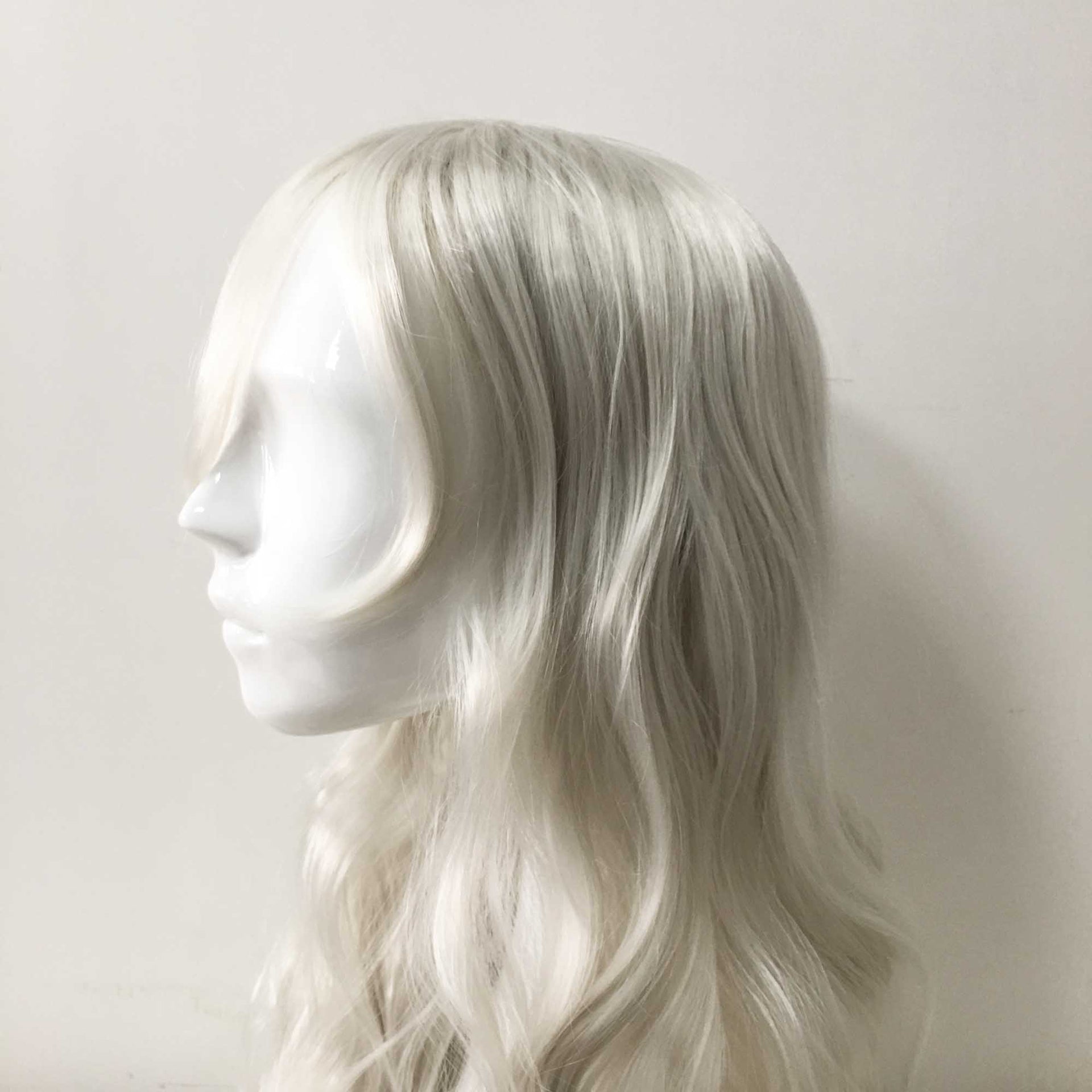 nevermindyrhead Women White Long Curly Side Swept Bangs Cosplay Wig