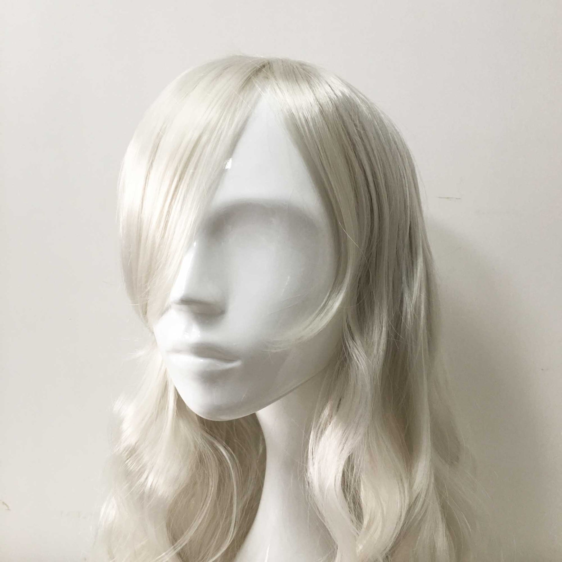 nevermindyrhead Women White Long Curly Side Swept Bangs Cosplay Wig