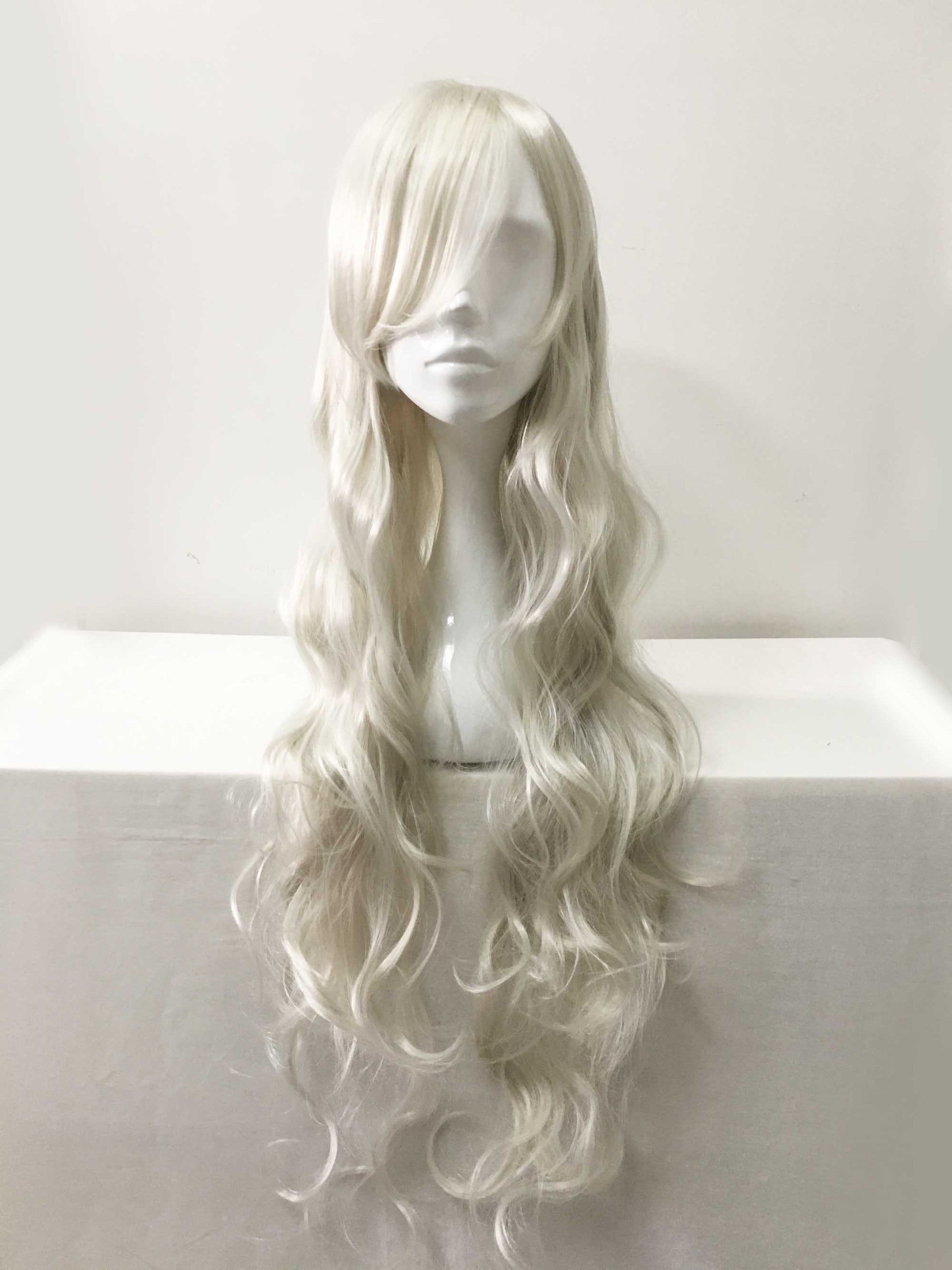 nevermindyrhead Women White Long Curly Side Swept Bangs Cosplay Wig