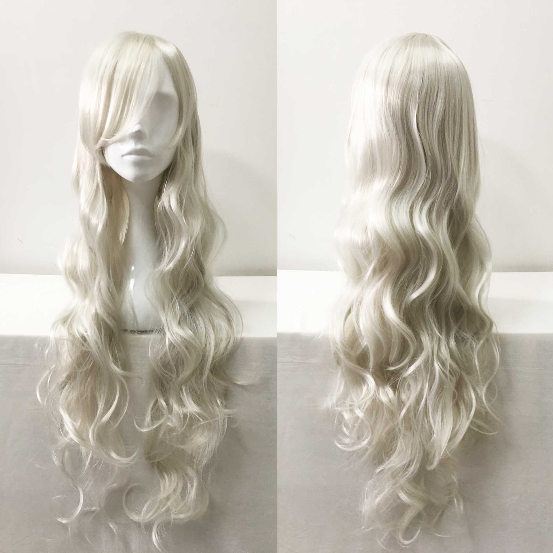 nevermindyrhead Women White Long Curly Side Swept Bangs Cosplay Wig