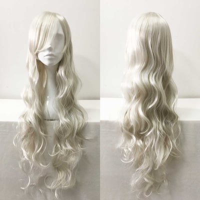 Women White Long Curly Side Swept Bangs Cosplay Wig