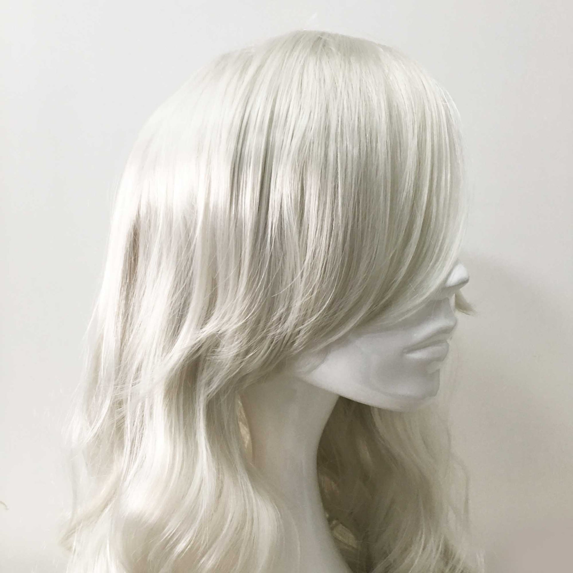 nevermindyrhead Women White Long Curly Side Swept Bangs Cosplay Wig