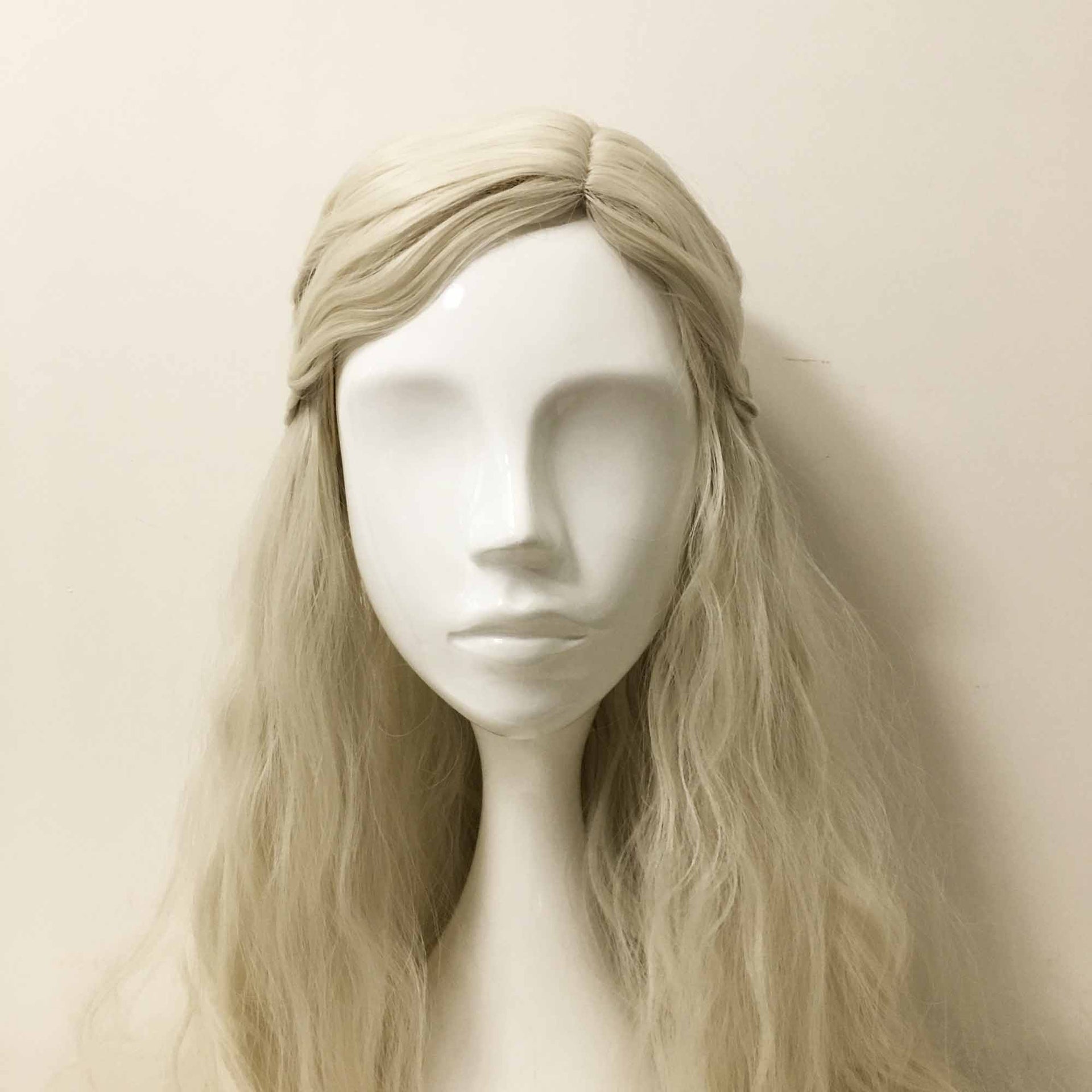 nevermindyrhead Women White Long Wavy Frizzy Princess Style Braided Side Part Cosplay Wig