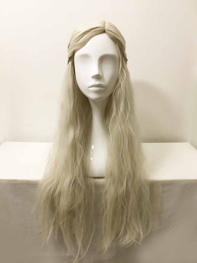 Women White Long Wavy Frizzy Princess Style Braided Side Part Cosplay Wig