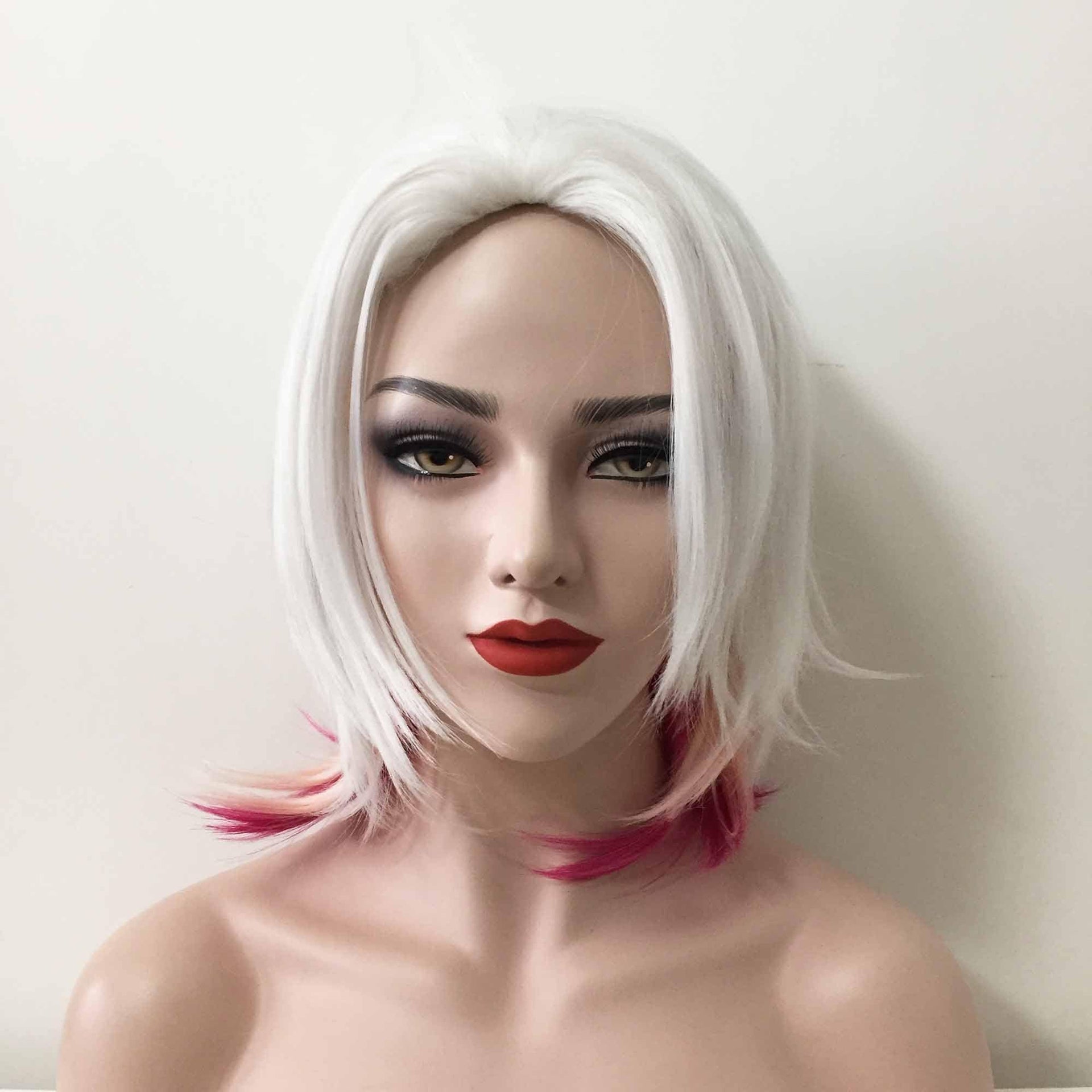 nevermindyrhead Women White Pink Medium Length Straight Slicked Back Layered Wig