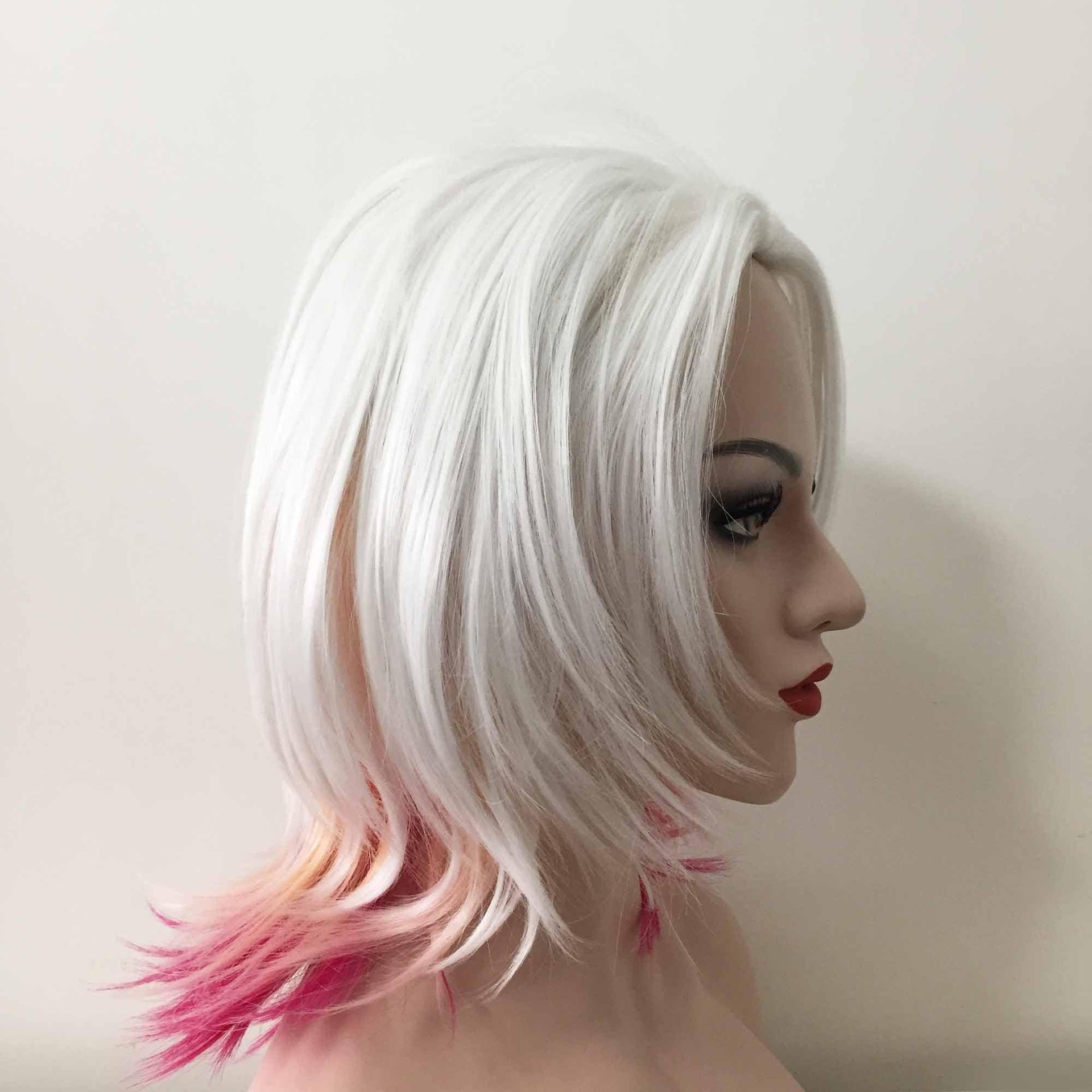 nevermindyrhead Women White Pink Medium Length Straight Slicked Back Layered Wig