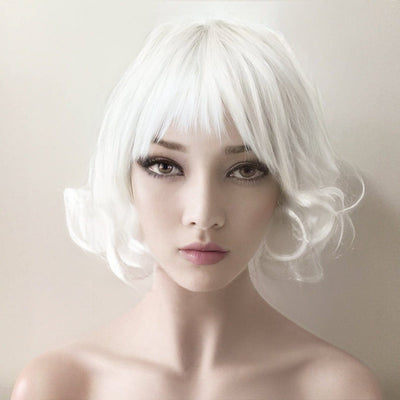 Women White Short Curly Fringe Bangs Lolita Wig