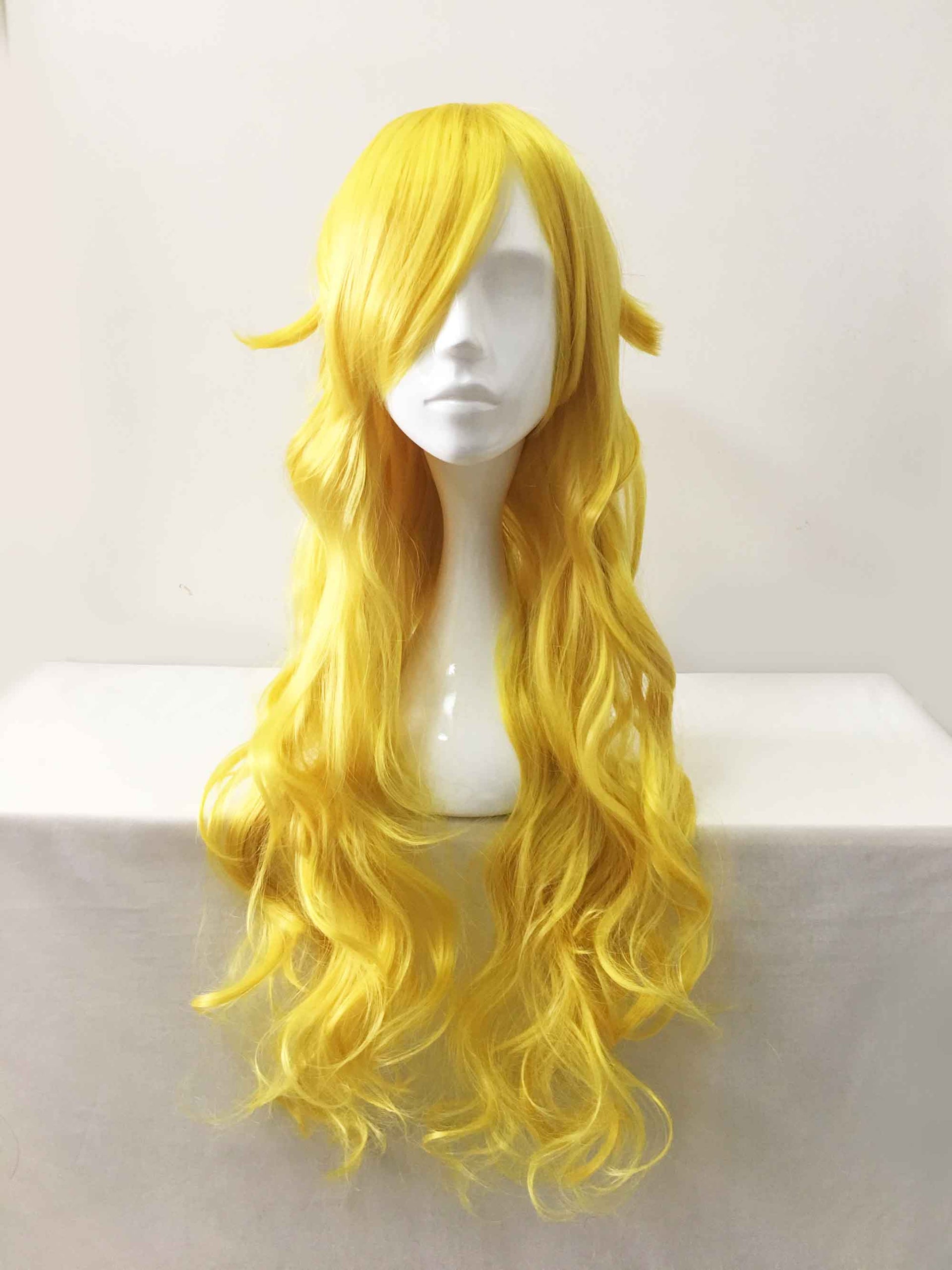 nevermindyrhead Women Yellow Long Curly Side Swept Bangs Cosplay Wig